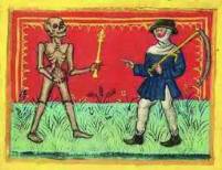 Bildauschnitt eines mittelalterlichen Totentanzes, der Tod trifft auf einen Ackermann
